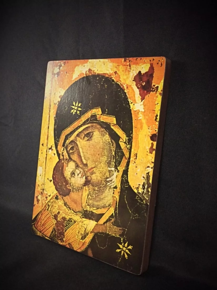 Antique Hanging Image of the Virgin Vladimir – Religious Artwork - 7