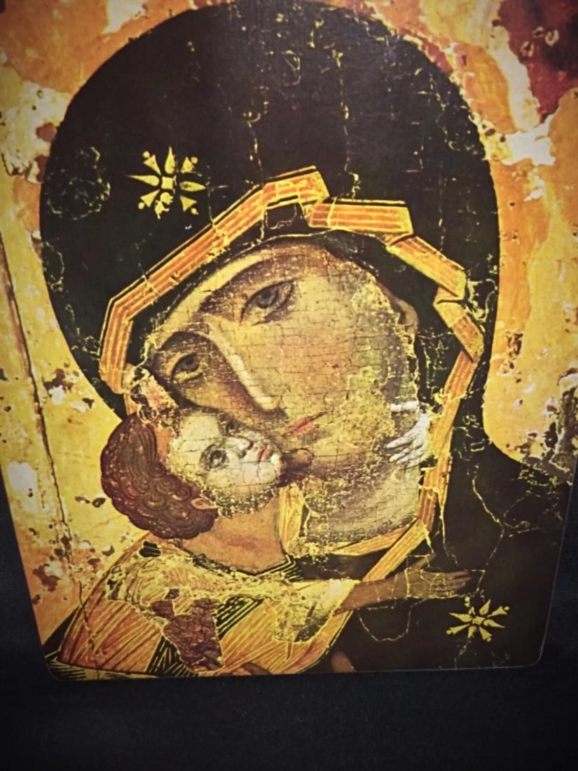 Antique Hanging Image of the Virgin Vladimir – Religious Artwork - 8