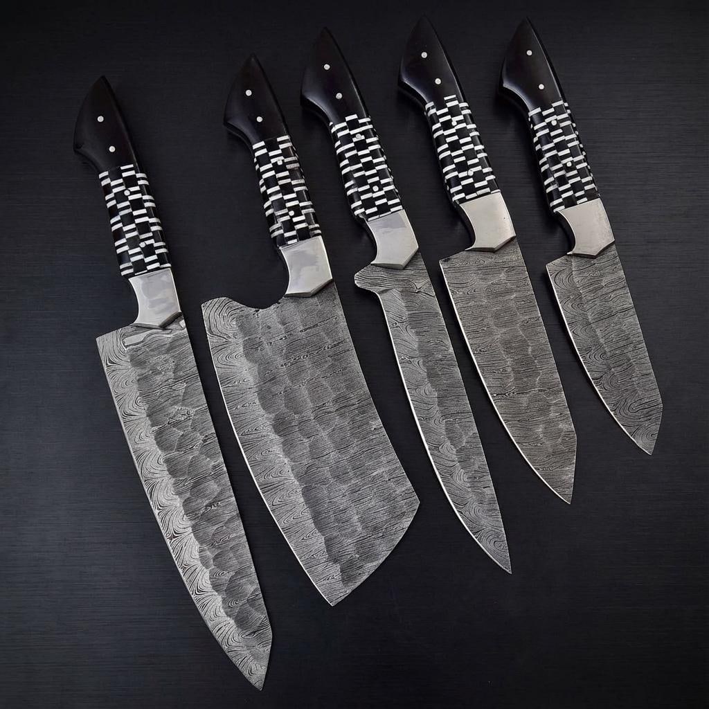 Hand Forged Damascus Steel Chef Knife Set 5-Piece with Olive Wood Handles: Title:Hand Forged Damascus Steel Chef Knife Set 5-Piece with Olive Wood Handles Description:This listing is for a custom hand-forged, five-piece kitchen knife set. The blades are crafted from 512 laye
