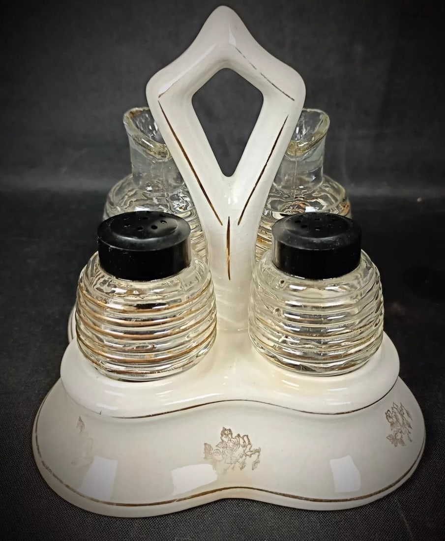 Vintage Glass and Faience Condiment Set with Floral "China" Design - 3