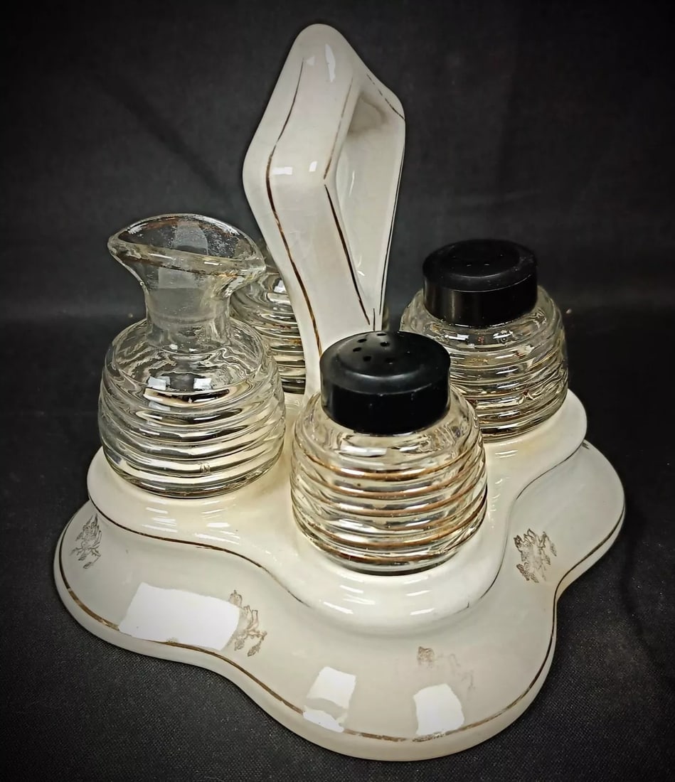Vintage Glass and Faience Condiment Set with Floral "China" Design - 4