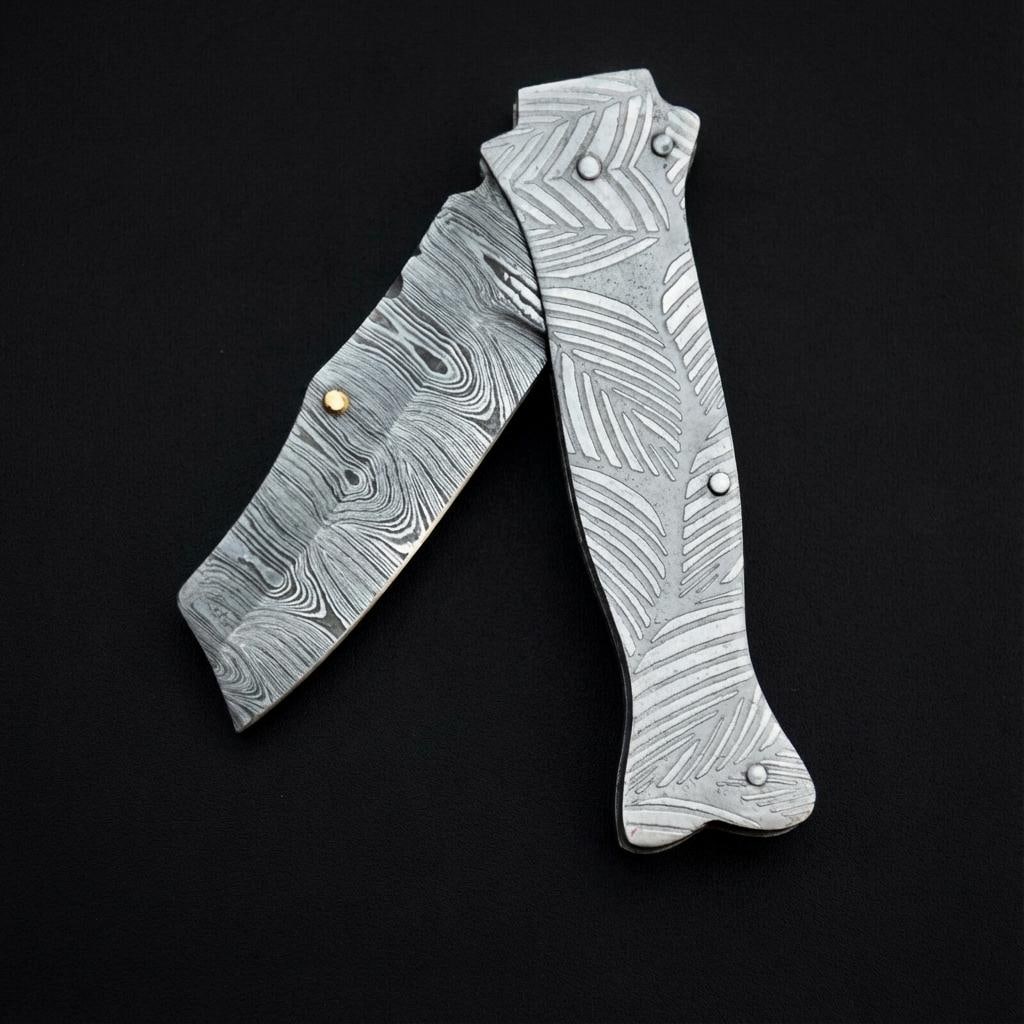 Damascus Steel Folding Pocket Knife Twist Pattern Blade Engraved Handle w/ Sheath - 2