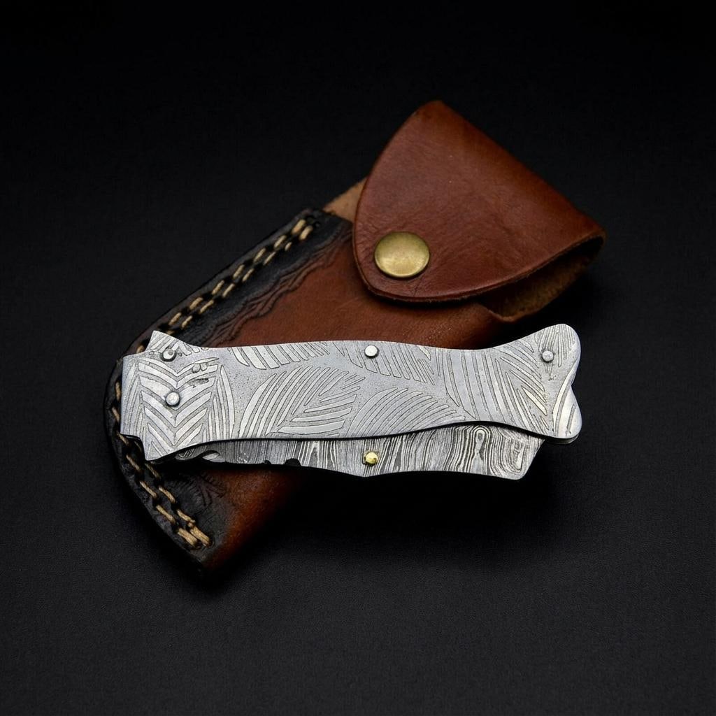 Damascus Steel Folding Pocket Knife Twist Pattern Blade Engraved Handle w/ Sheath - 4