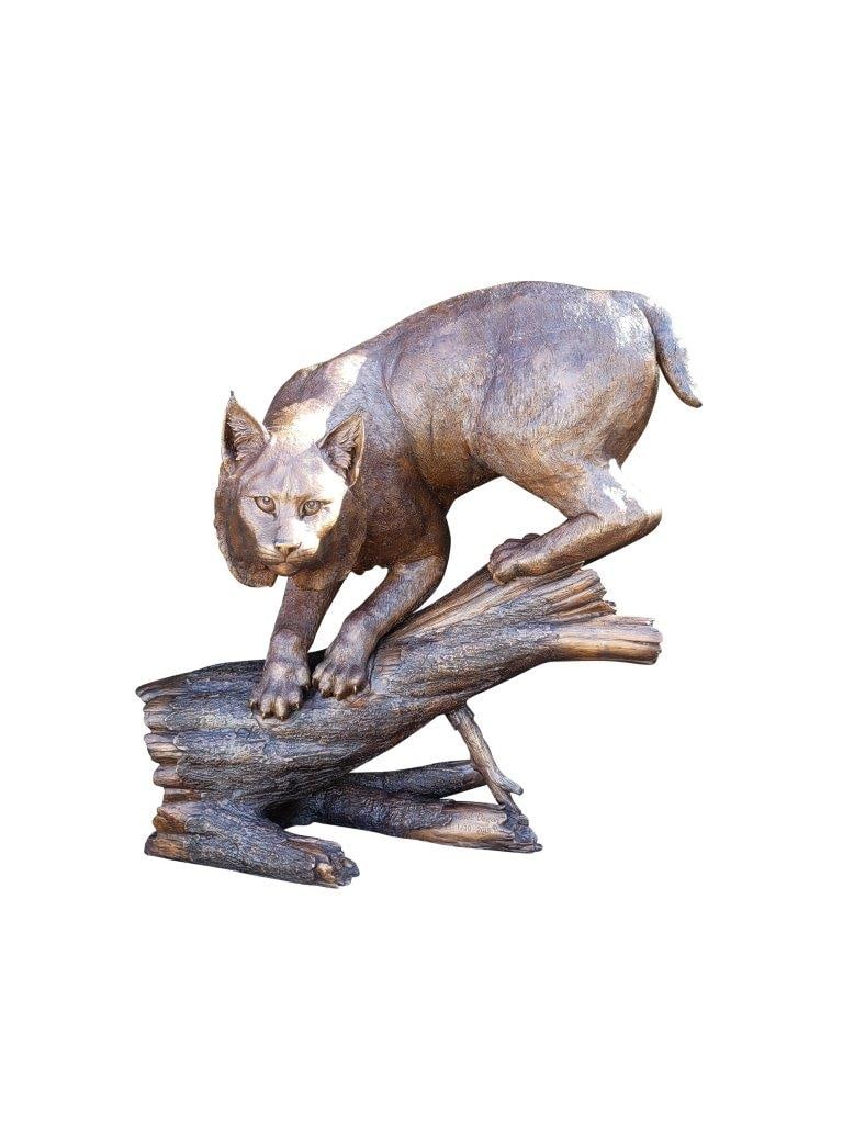Bobcat Going Down a Tree Log Bronze Statue - Size: 43"L x 25"W x 41"H.: Title:Bobcat Going Down a Tree Log Bronze Statue - Size: 43"L x 25"W x 41"H. Description:This Life-size jungle Bobcat ready to pounce, facing us, is perched on a log. He is clearly ready to attack any