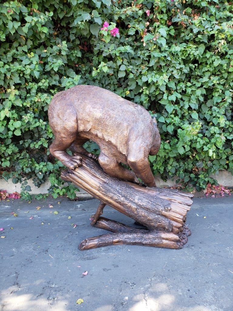 Bobcat Going Down a Tree Log Bronze Statue - Size: 43"L x 25"W x 41"H. - 3
