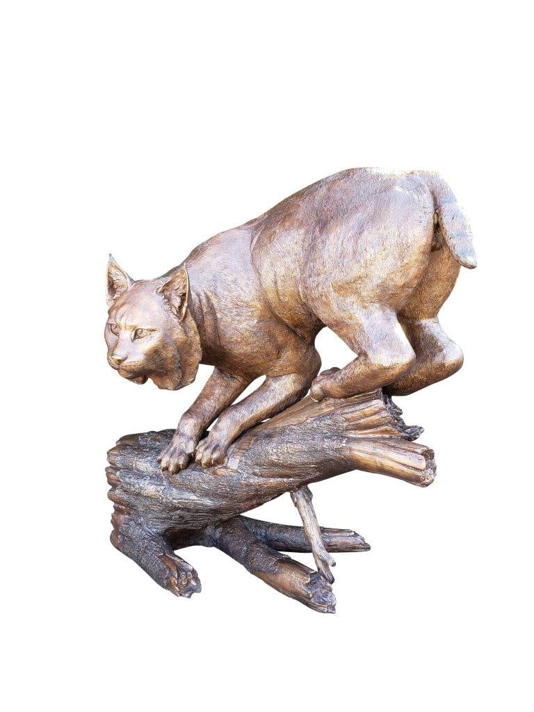 Bobcat Going Down a Tree Log Bronze Statue - Size: 43"L x 25"W x 41"H. - 7