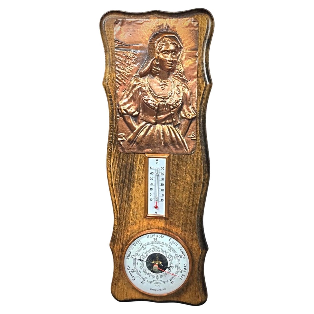 Elegant Barometer and Thermometer with Copper Bas-Relief of a Woman (1 of 6)