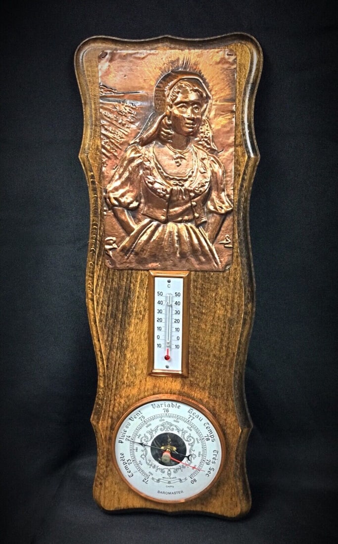 Elegant Barometer and Thermometer with Copper Bas-Relief of a Woman - 2