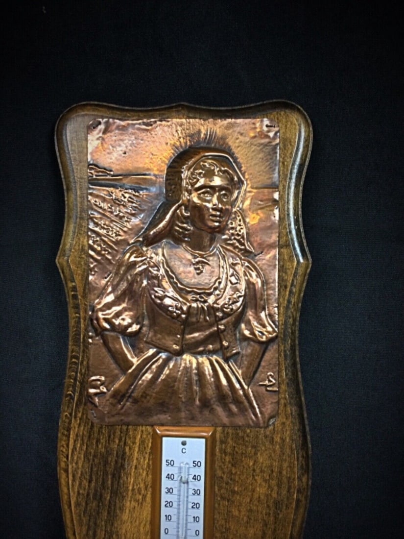 Elegant Barometer and Thermometer with Copper Bas-Relief of a Woman - 3