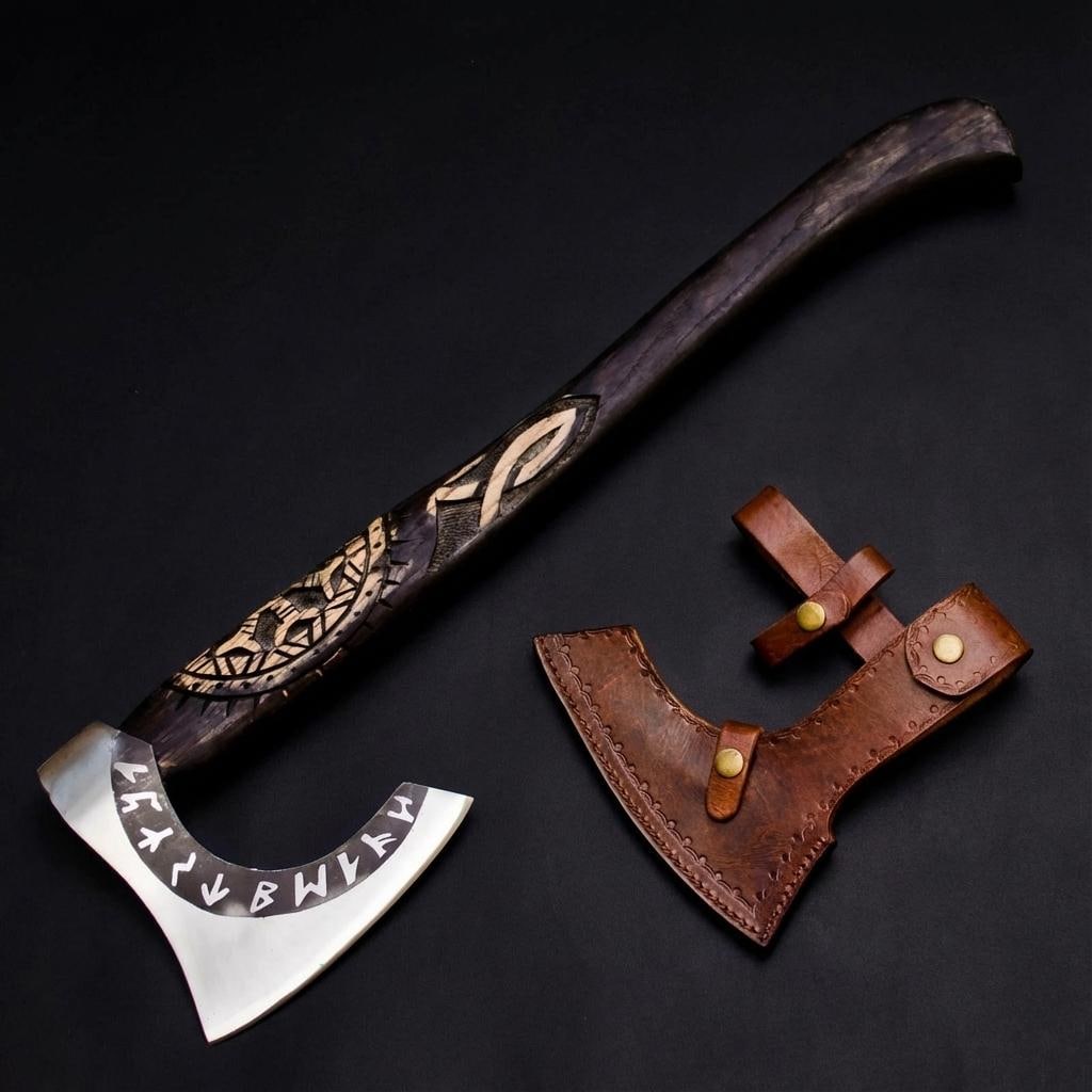 Handmade Carbon Steel Viking Axe Tomahawk w/ Engraved Ash Handle & Leather Sheath: Title:Handmade Carbon Steel Viking Axe Tomahawk w/ Engraved Ash Handle & Leather SheathDescription:This listing is for a custom handmade Viking-style axe, suitable for collection or outdoor use. The