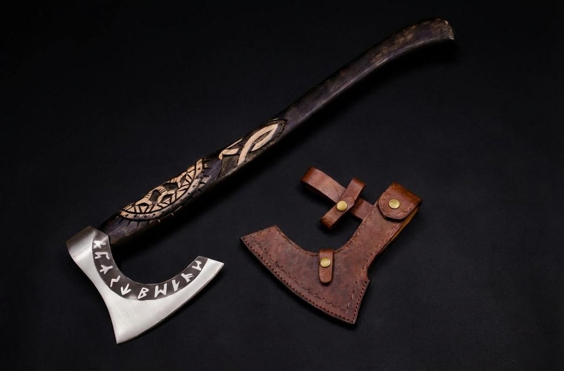 Handmade Carbon Steel Viking Axe Tomahawk w/ Engraved Ash Handle & Leather Sheath - 2