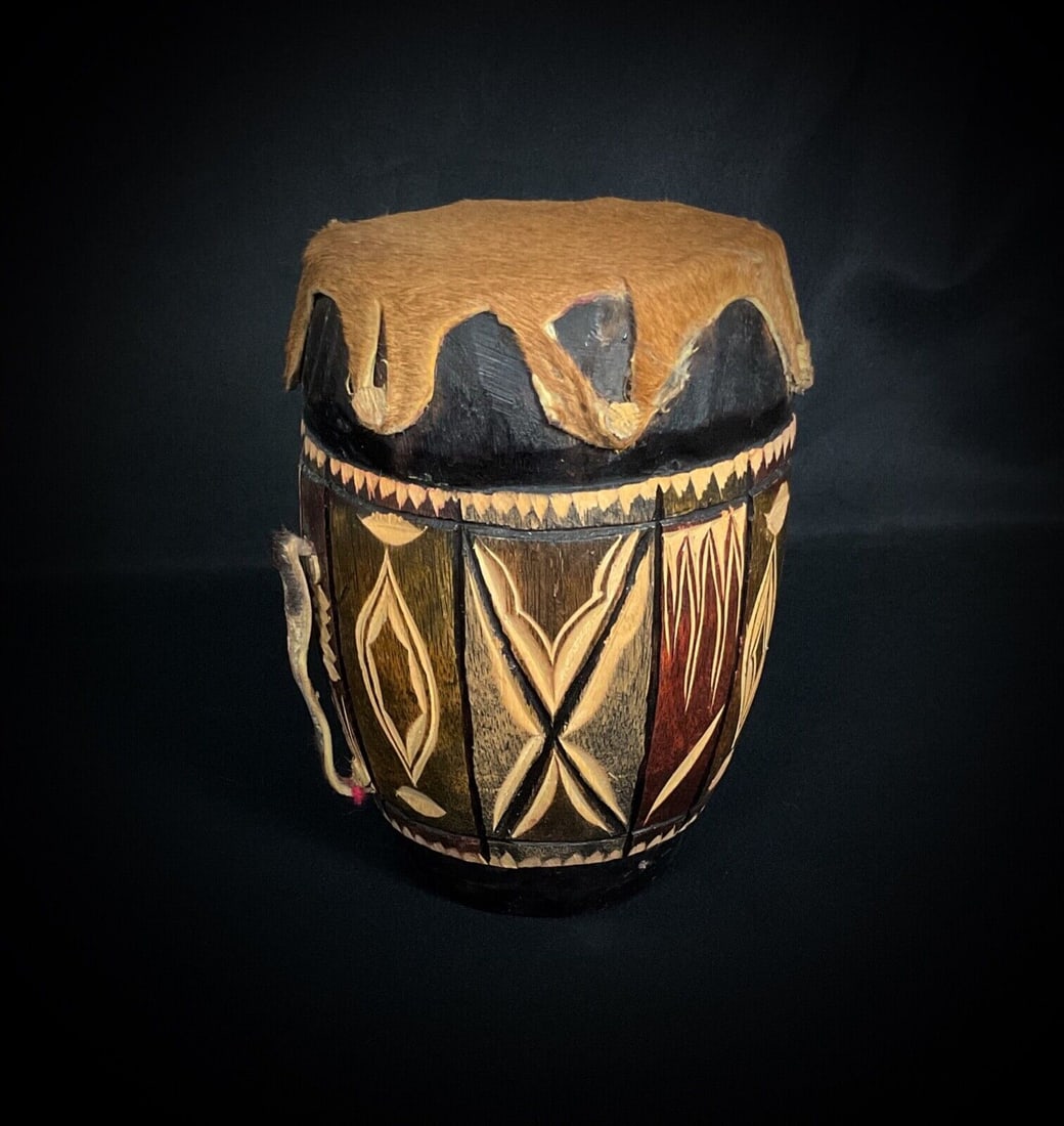 Vintage 20th-Century African Wooden and Hide Drum Figurine - 2