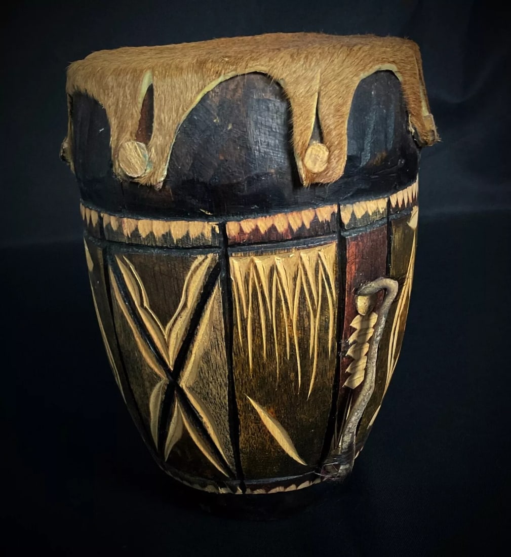 Vintage 20th-Century African Wooden and Hide Drum Figurine - 5