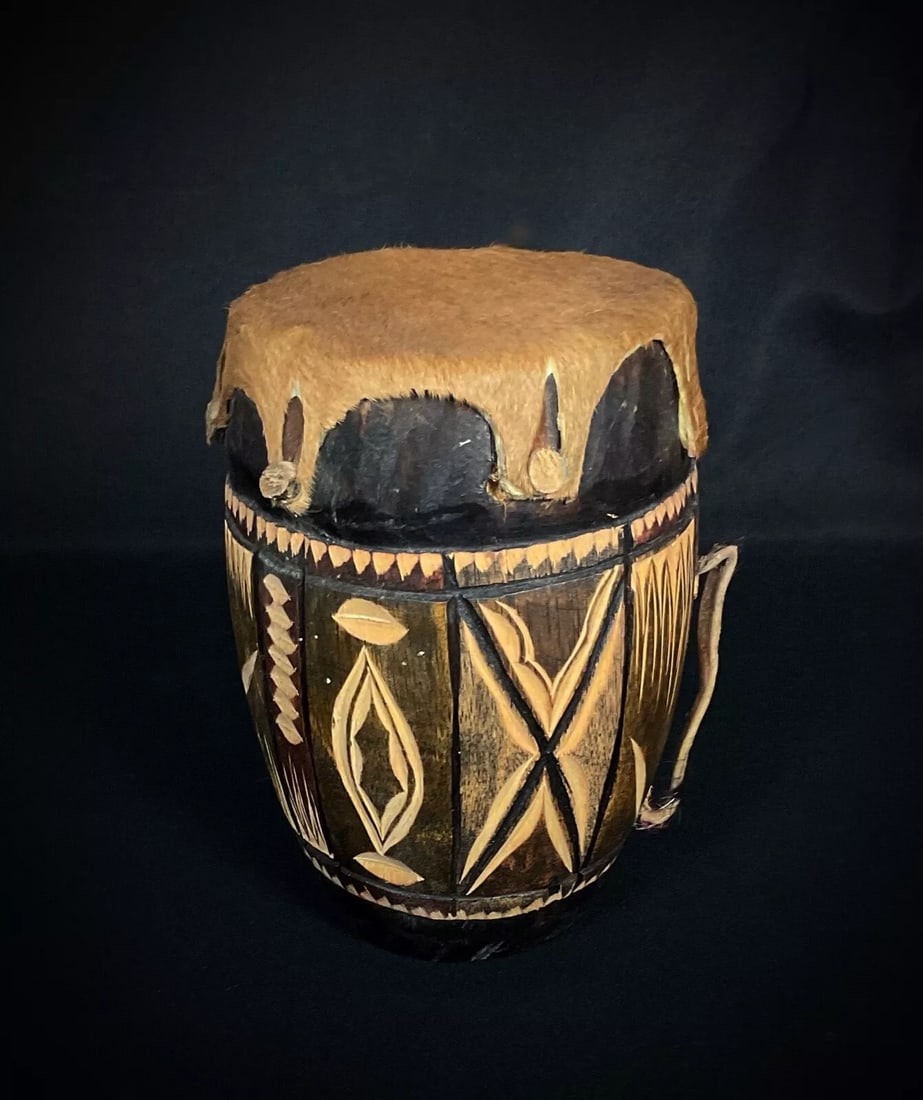 Vintage 20th-Century African Wooden and Hide Drum Figurine - 7