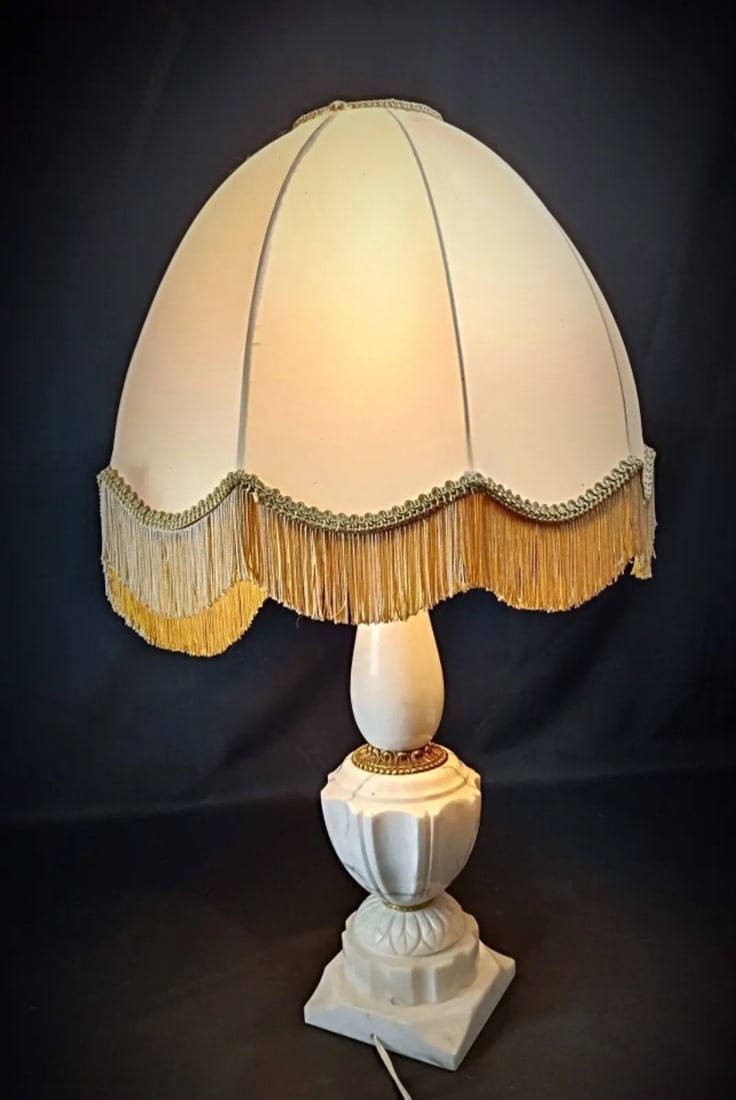 Antique Vintage Lamp Base in Alabaster and Brass with Lampshade - 2