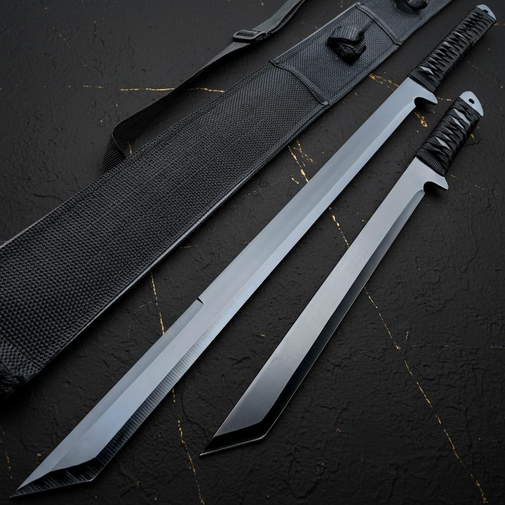 Tactical Black Ninja Sword and Machete Set 2-Piece Fixed Blade Survival Knives: Title:Tactical Black Ninja Sword and Machete Set 2-Piece Fixed Blade Survival KnivesDescription:This listing features a good quality two-piece tactical knife set, including a black ninja-style sword