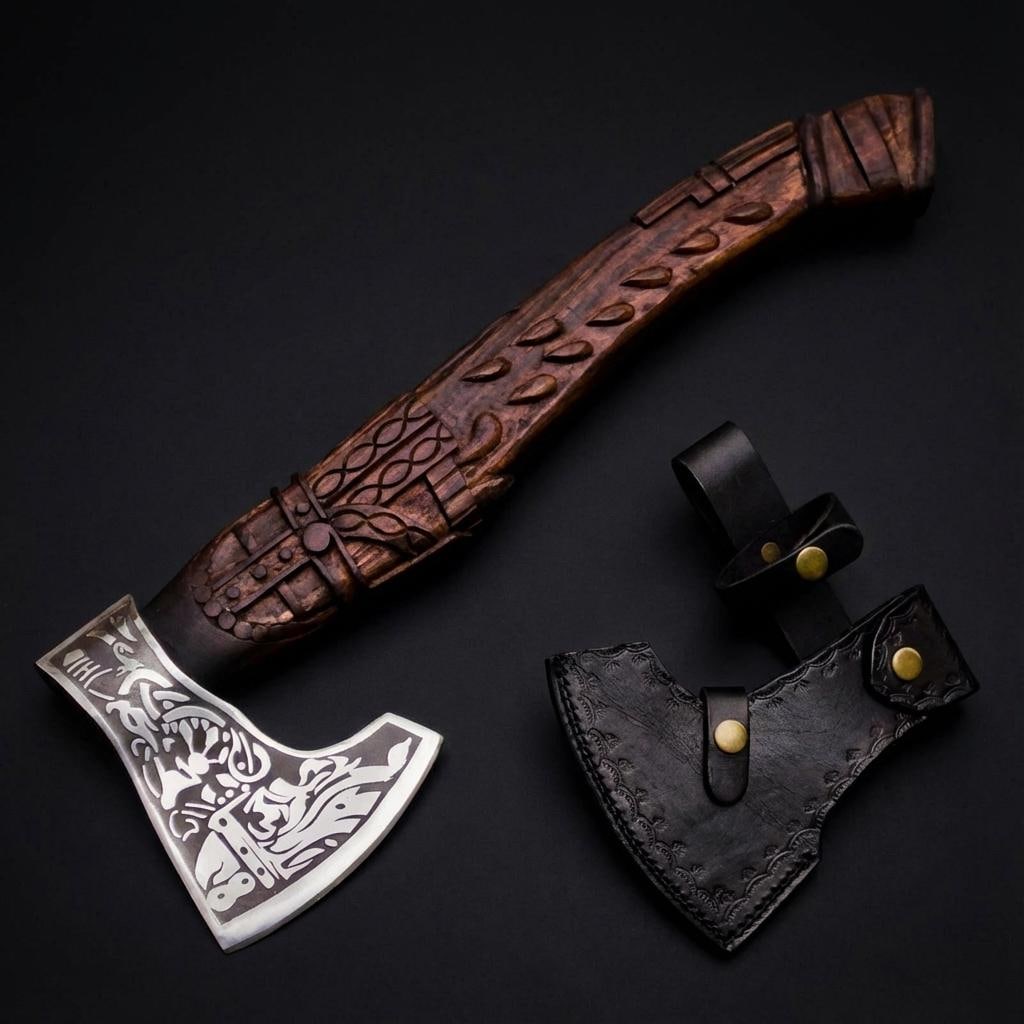 Handmade Viking Bearded Axe Carbon Steel Camping Battle Axe with Leather Sheath: Title:Handmade Viking Bearded Axe Carbon Steel Camping Battle Axe with Leather SheathDescription:This is a custom handmade Viking-style bearded axe, forged from high-quality carbon steel. The axe
