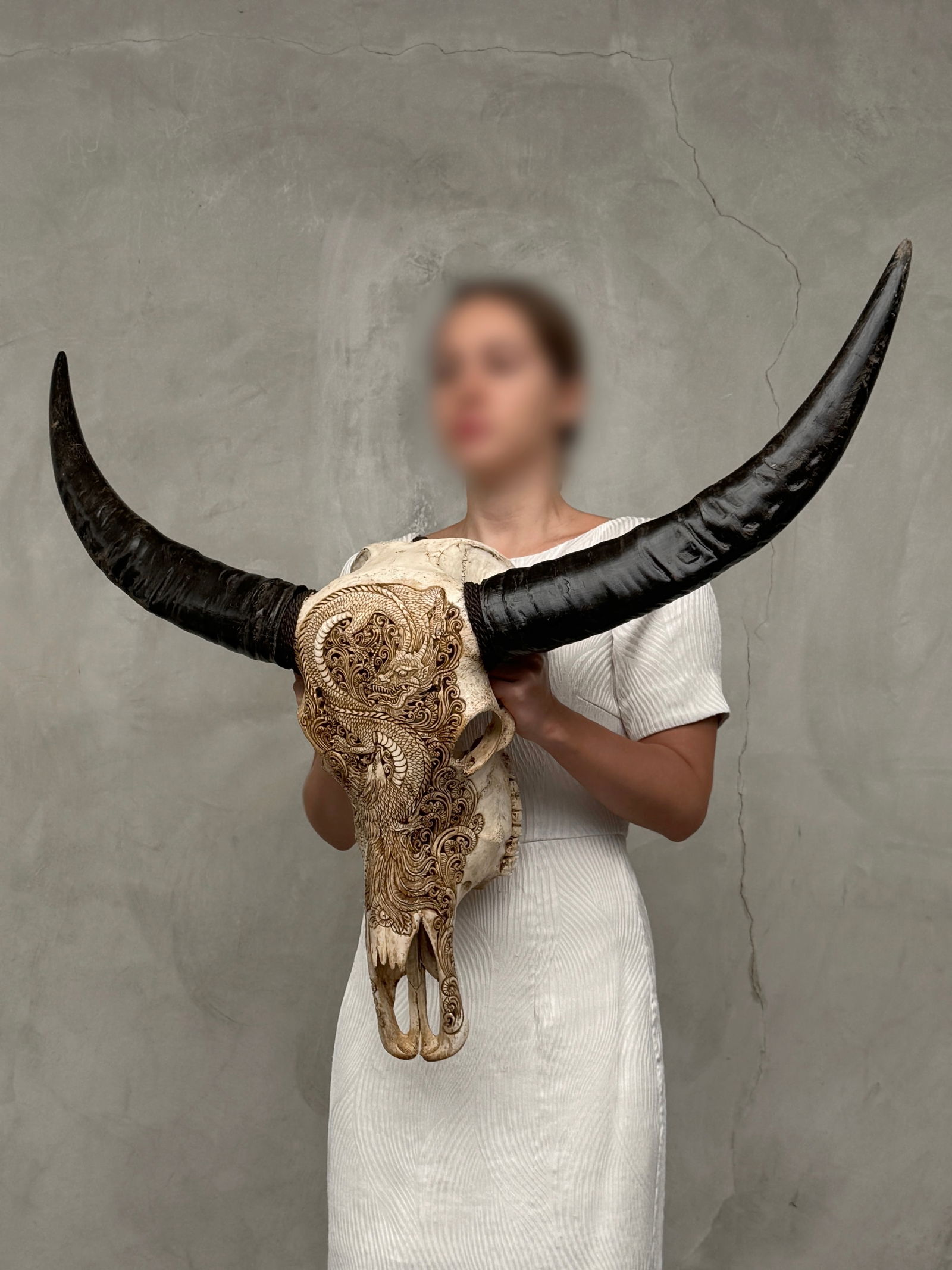 Antique brown water buffalo - Dragon phoenix motif - 2