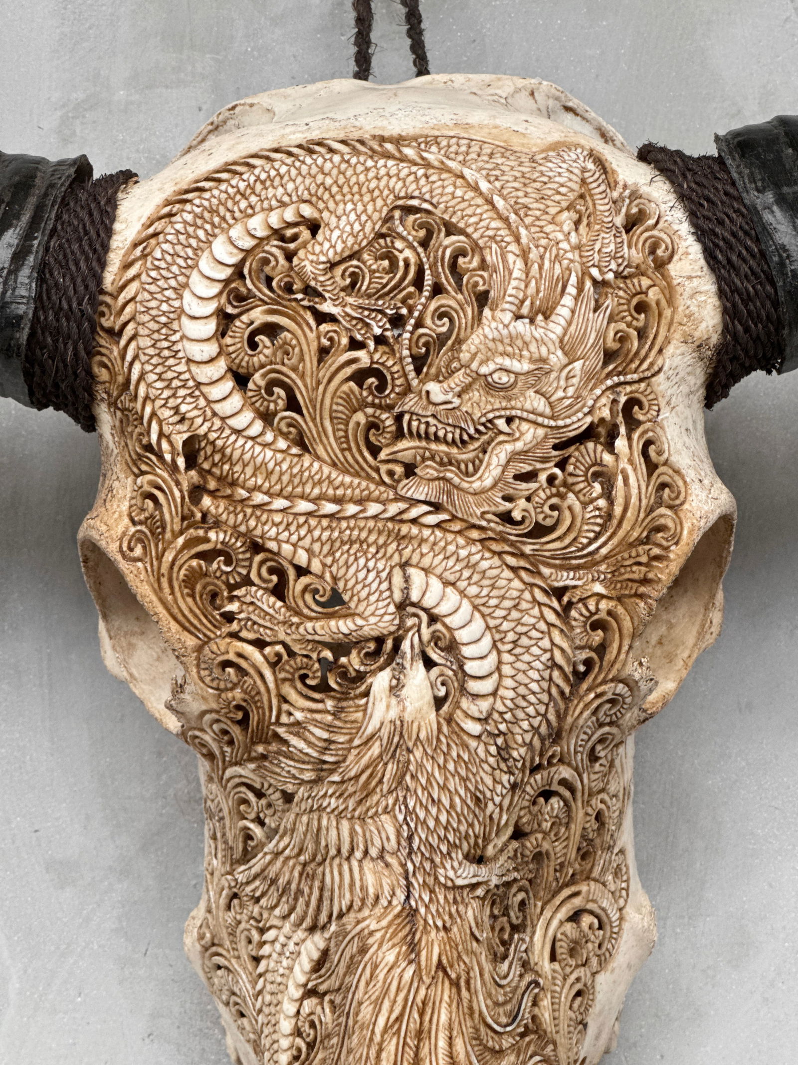 Antique brown water buffalo - Dragon phoenix motif - 3