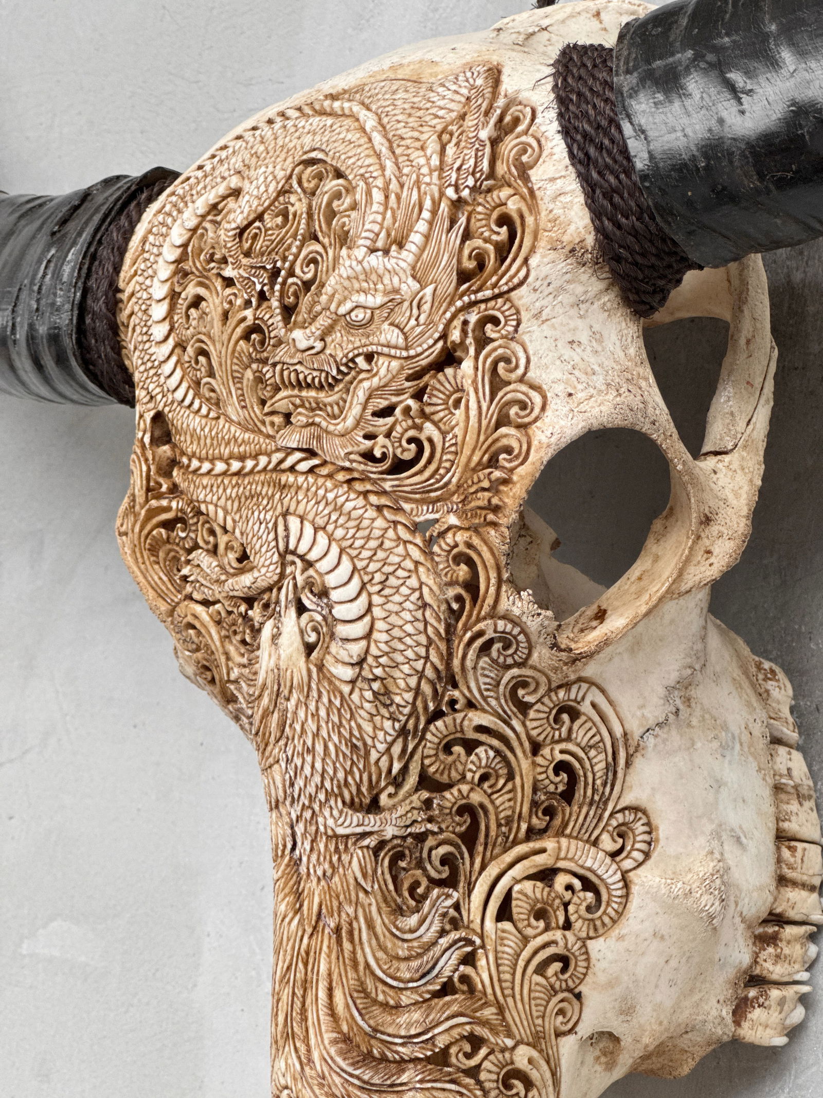 Antique brown water buffalo - Dragon phoenix motif - 8