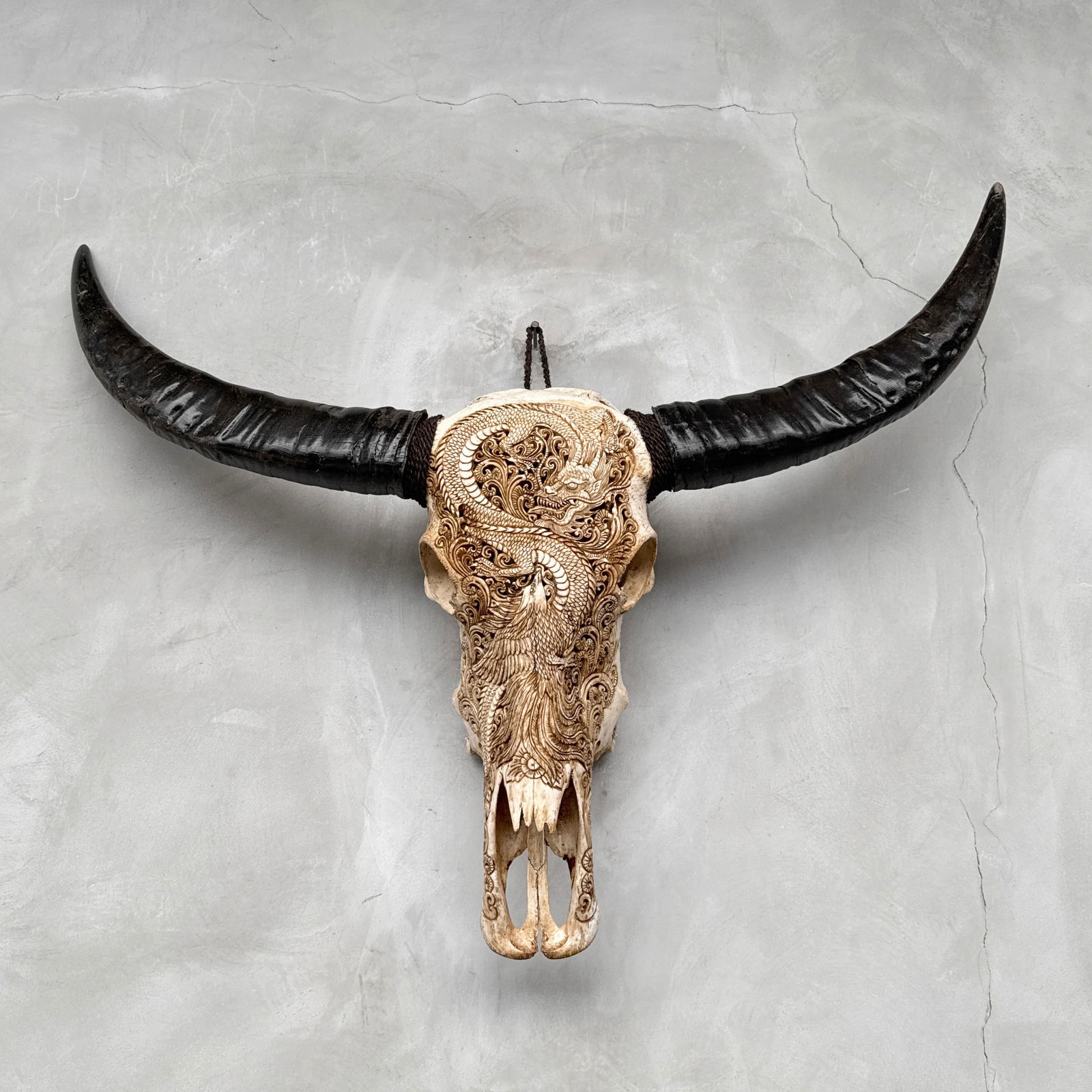 Antique brown water buffalo - Dragon phoenix motif - 9