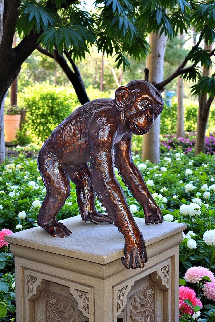 Chimpanzee Standing and Looking around Bronze Statue - Size: 24" x 20" x 28"H - 6
