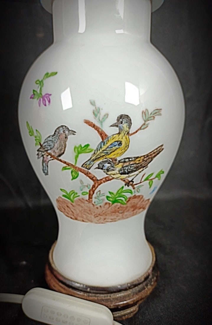 Vintage 20th Century Ceramic Lampshade Base with Bird and Flower Design - 4