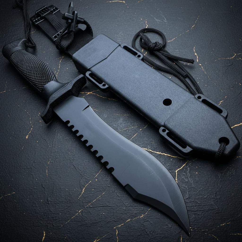 Black Combat Bowie Knife 12" Fixed Blade for Tactical Survival Hunting with Hard Sheath (1 of 3)