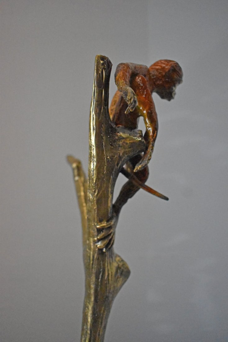Colored Monkey Resting on a Tree Bronze Statue - Size: 12"L x 13"W x 27"H. - 11