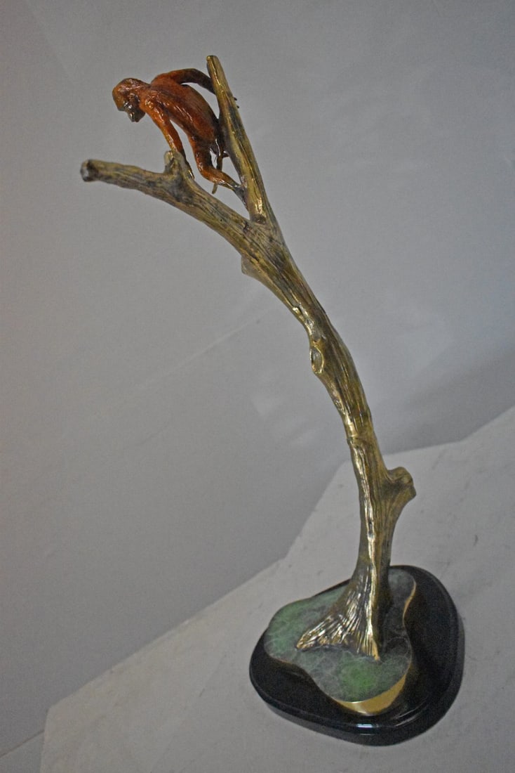 Colored Monkey Resting on a Tree Bronze Statue - Size: 12"L x 13"W x 27"H. - 12