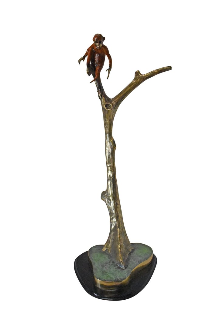 Colored Monkey Resting on a Tree Bronze Statue - Size: 12"L x 13"W x 27"H. (1 of 12)
