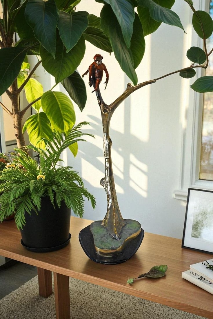 Colored Monkey Resting on a Tree Bronze Statue - Size: 12"L x 13"W x 27"H. - 2