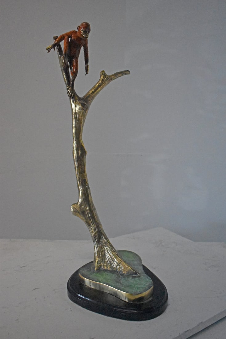 Colored Monkey Resting on a Tree Bronze Statue - Size: 12"L x 13"W x 27"H. - 6
