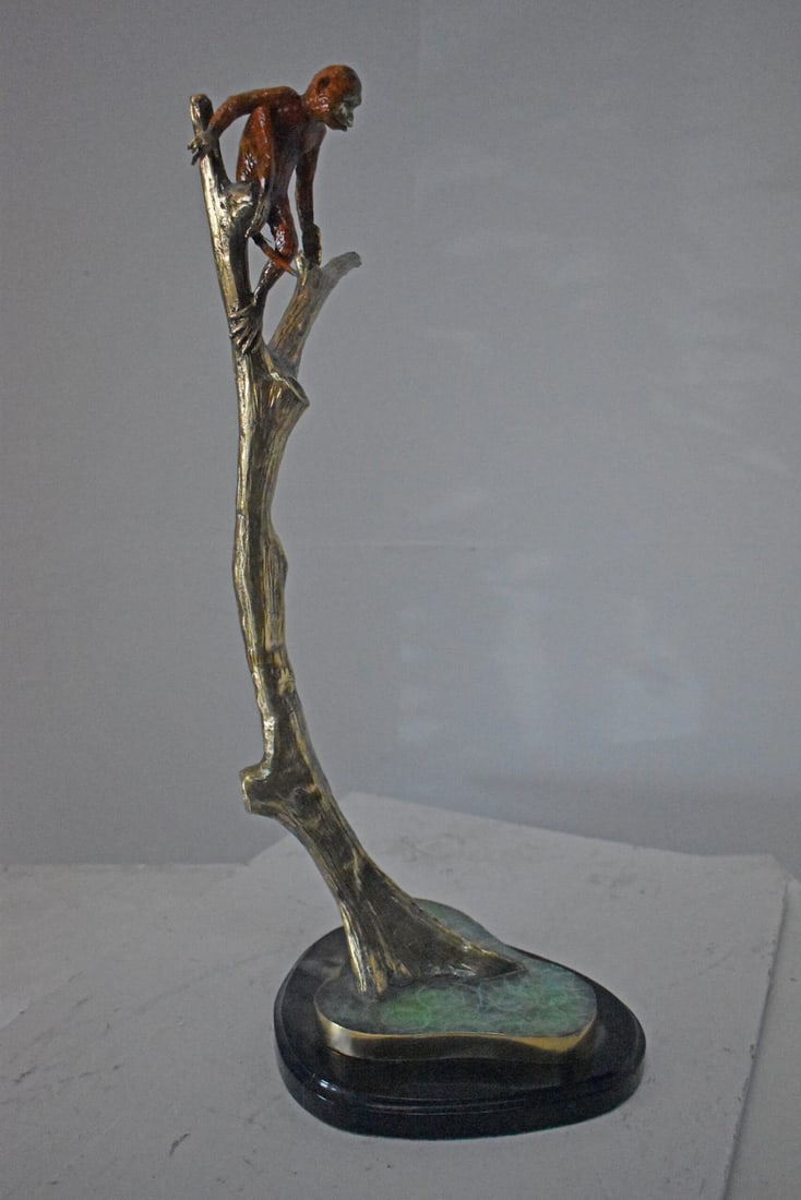 Colored Monkey Resting on a Tree Bronze Statue - Size: 12"L x 13"W x 27"H. - 7