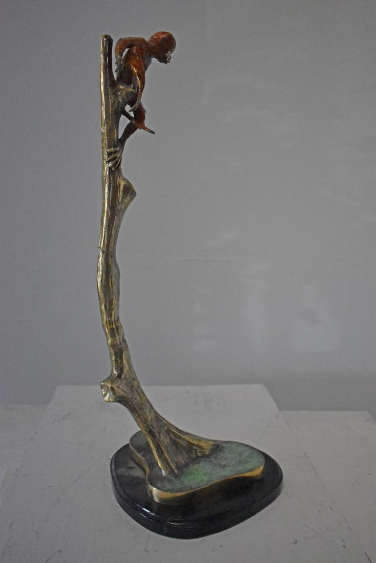 Colored Monkey Resting on a Tree Bronze Statue - Size: 12"L x 13"W x 27"H. - 8
