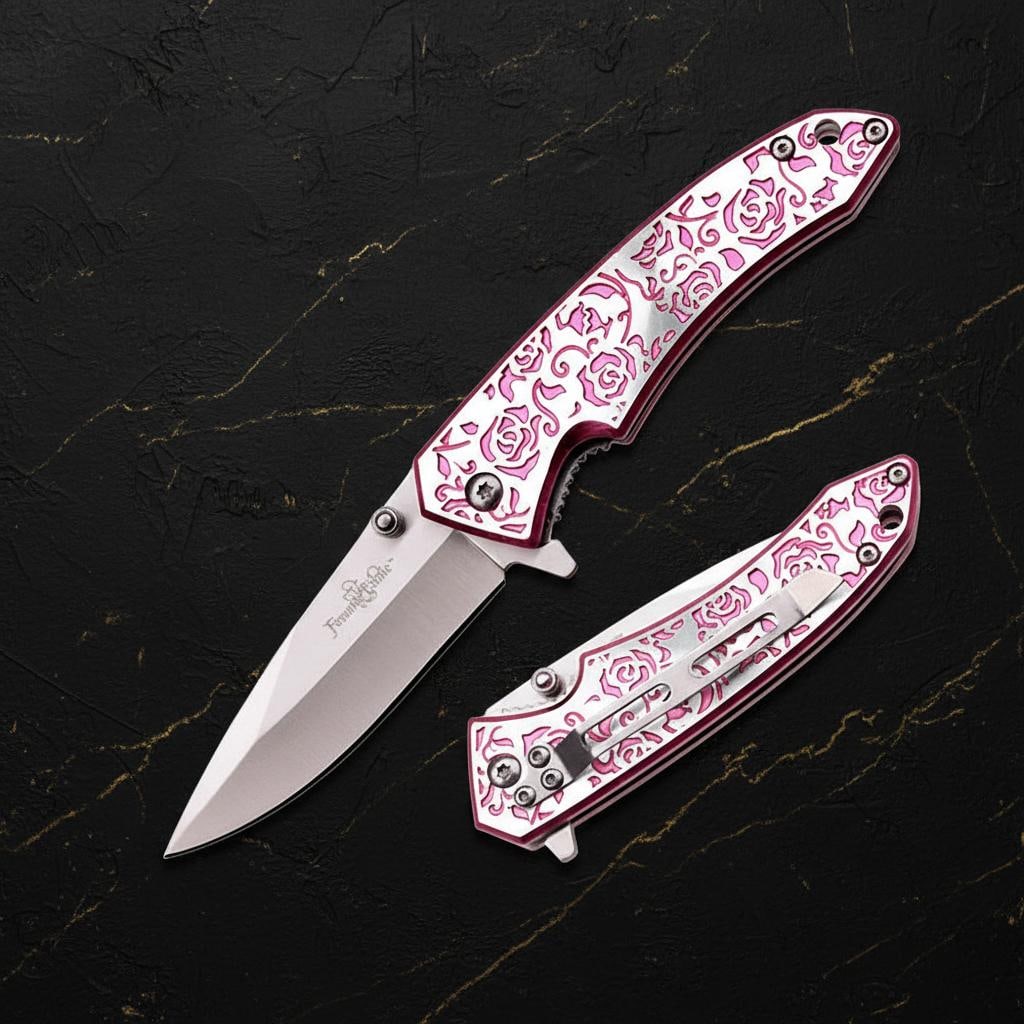 Femme Fatale Pink Rose Spring Assisted Pocket Knife 7" Folding Design for Women: Title:Femme Fatale Pink Rose Spring Assisted Pocket Knife 7" Folding Design for Women Description:This new Femme Fatale spring assisted folding pocket knife is designed for women, featuring a striking
