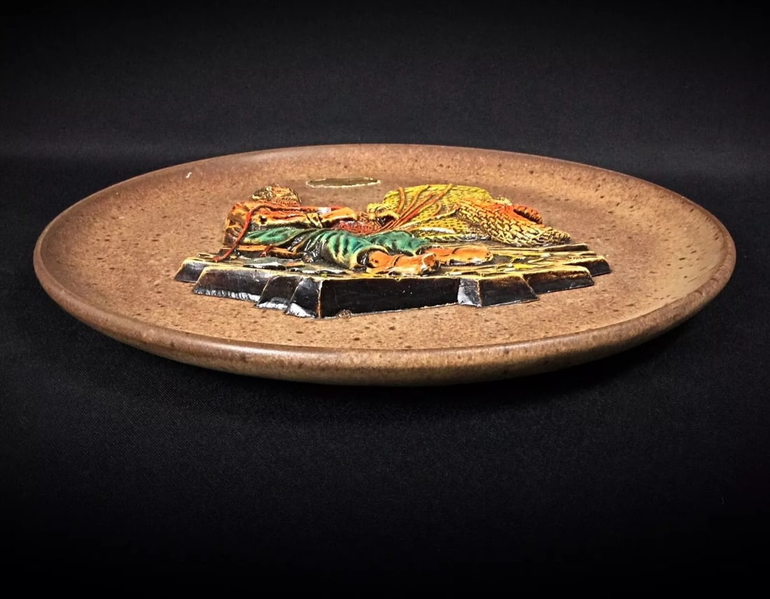Vintage Vallauris Ceramic Plate with "Weaver" Bas-Relief - 3