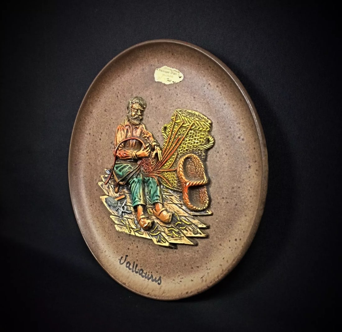 Vintage Vallauris Ceramic Plate with "Weaver" Bas-Relief - 8