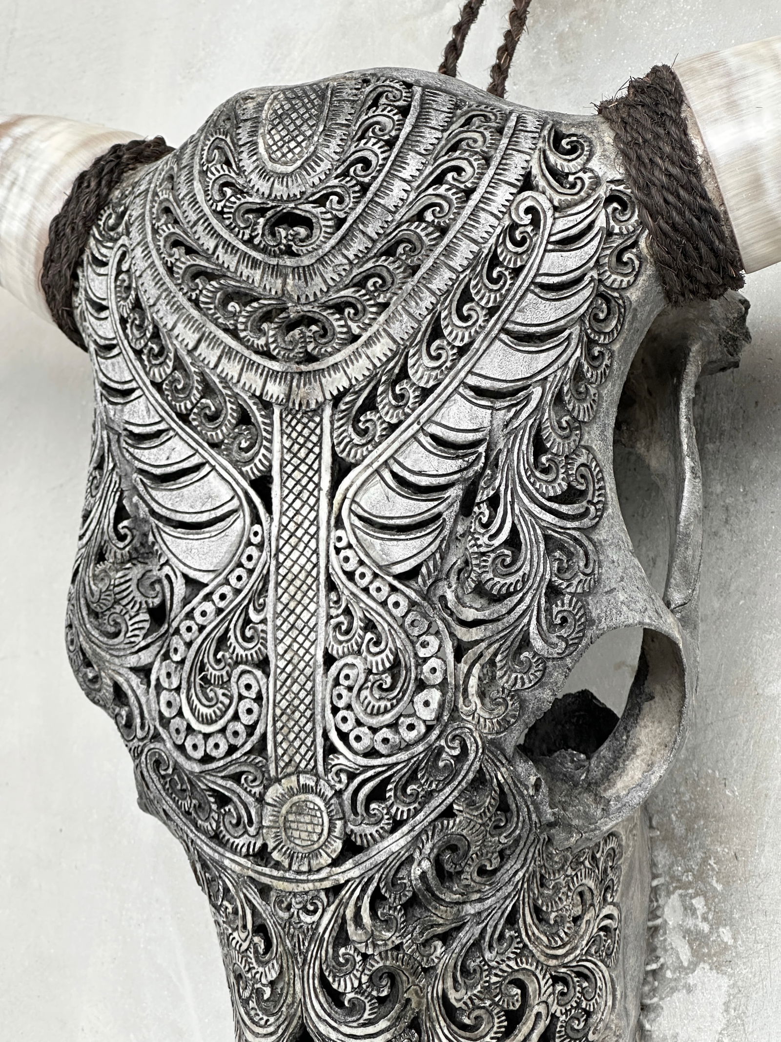 Stunning carved grey bull's skull - Badong motif - 10