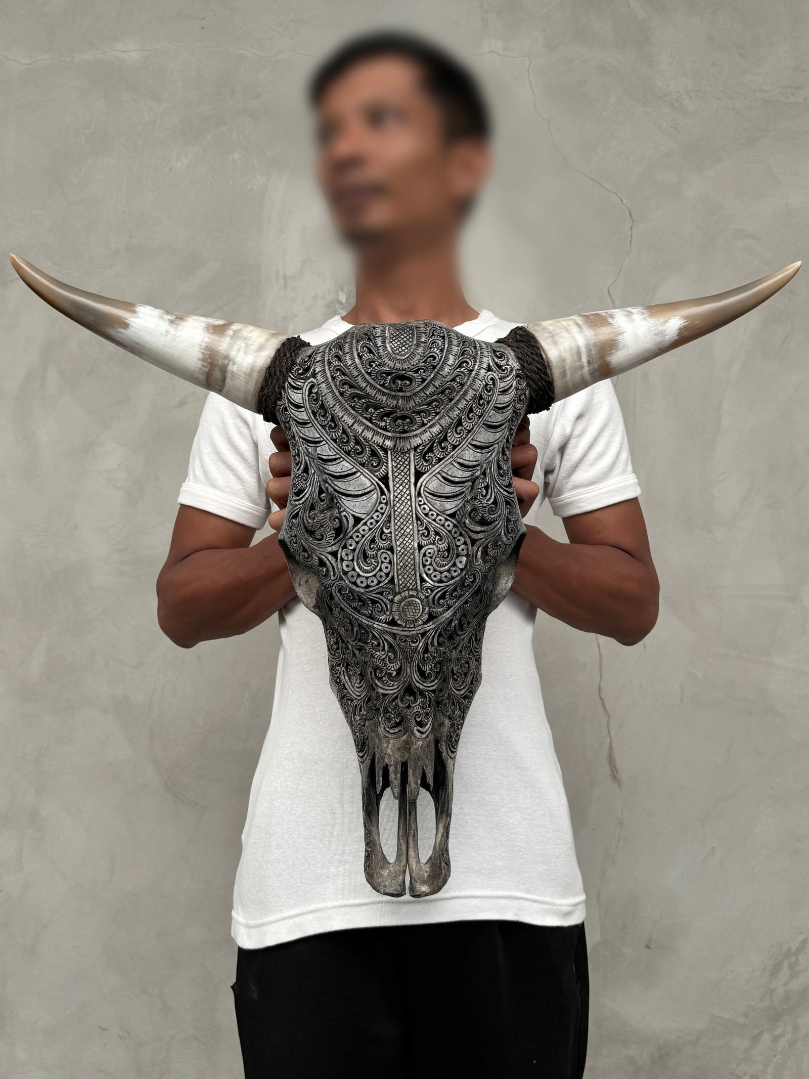 Stunning carved grey bull's skull - Badong motif - 3
