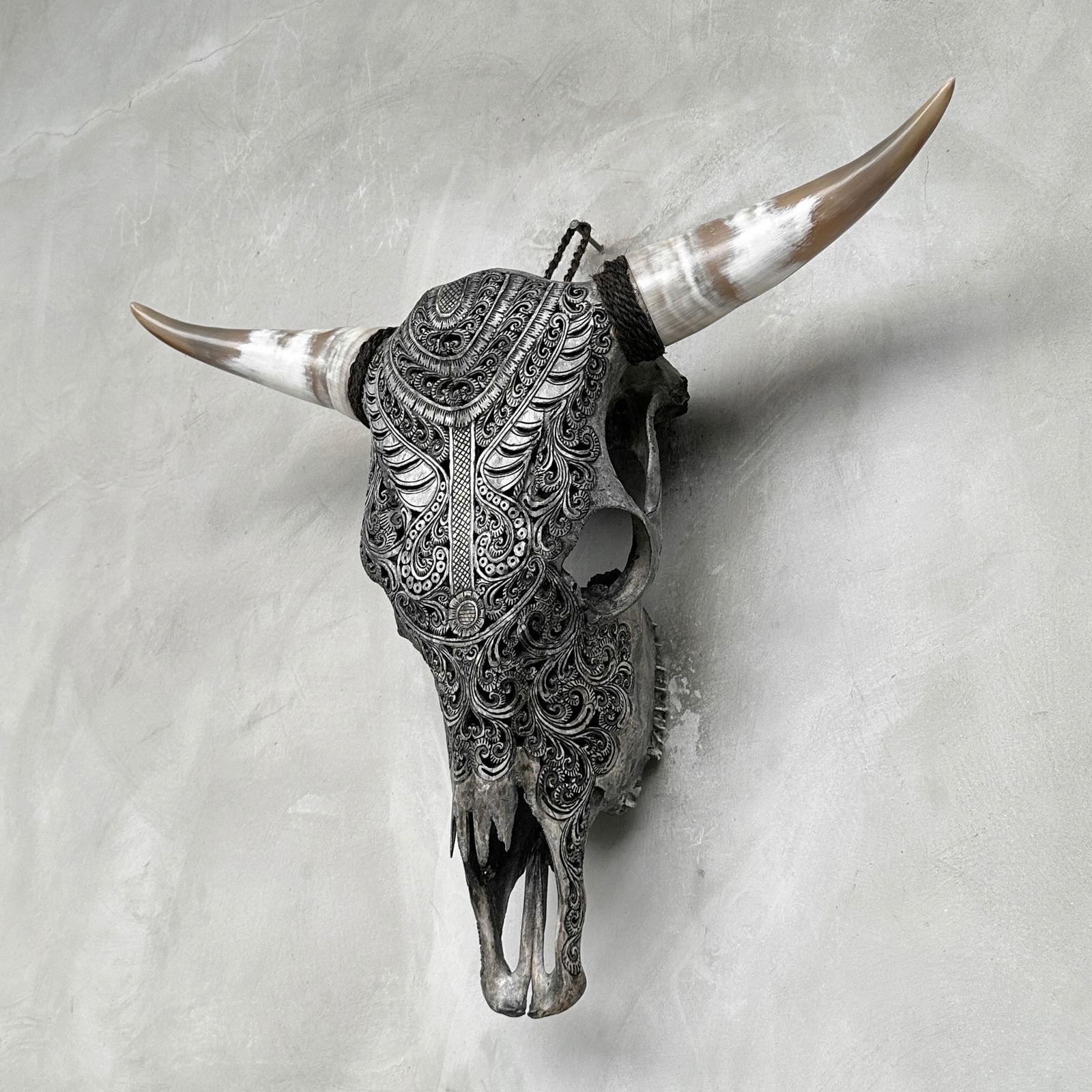 Stunning carved grey bull's skull - Badong motif - 8