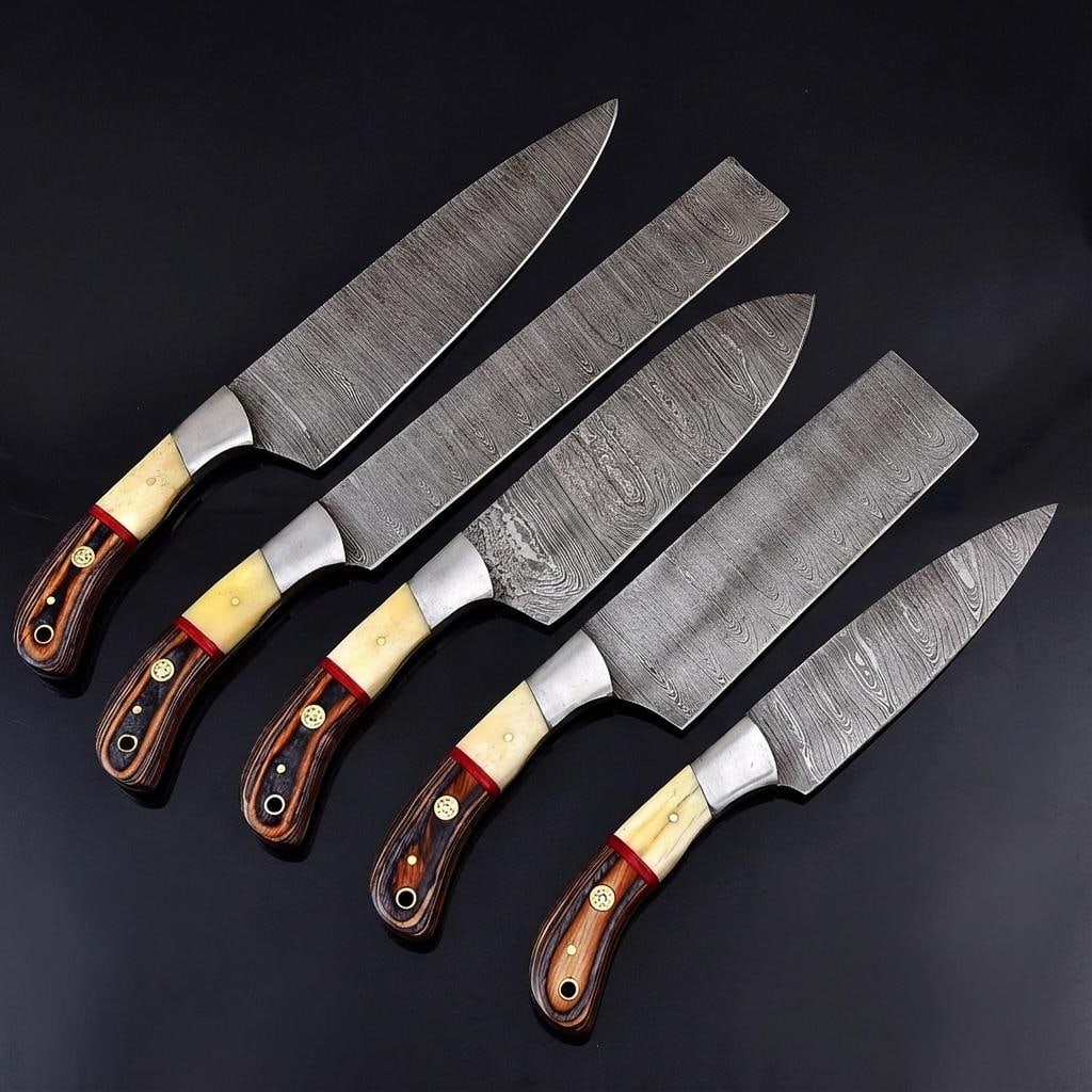 Hand Forged 5-Piece Damascus Steel Chef Knife Set with Leather Sheath - 2