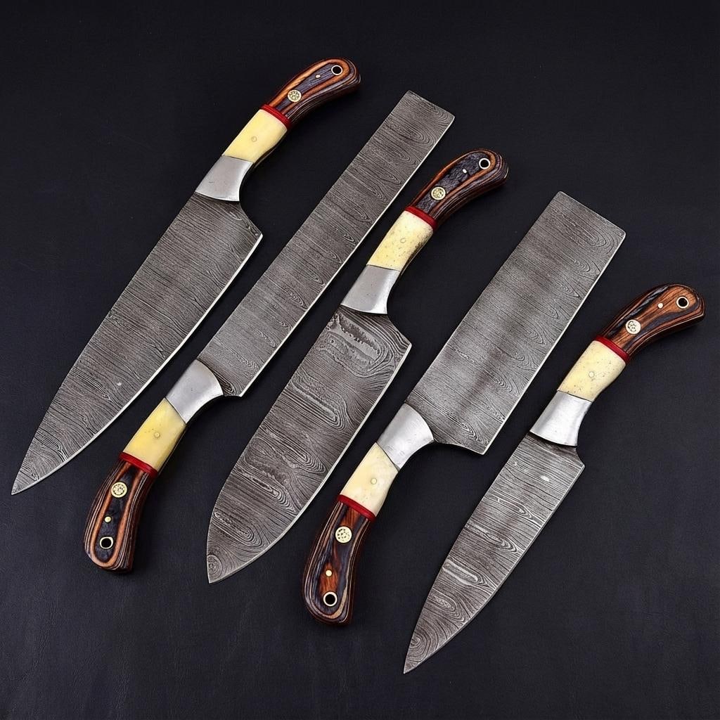 Hand Forged 5-Piece Damascus Steel Chef Knife Set with Leather Sheath - 4