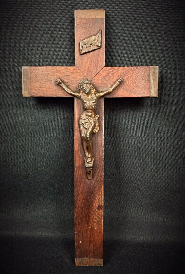 Antique Wall Crucifix in Wood and Regule – Esoteric Religious Art - 2