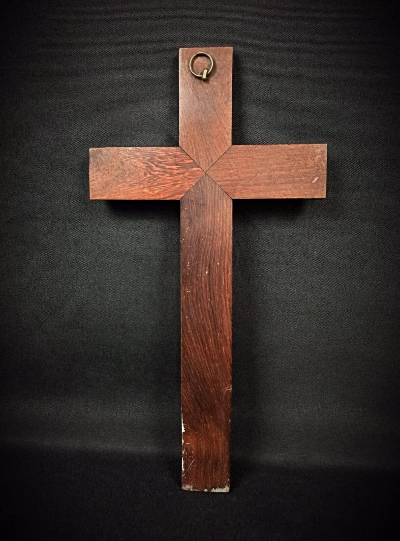 Antique Wall Crucifix in Wood and Regule – Esoteric Religious Art - 3