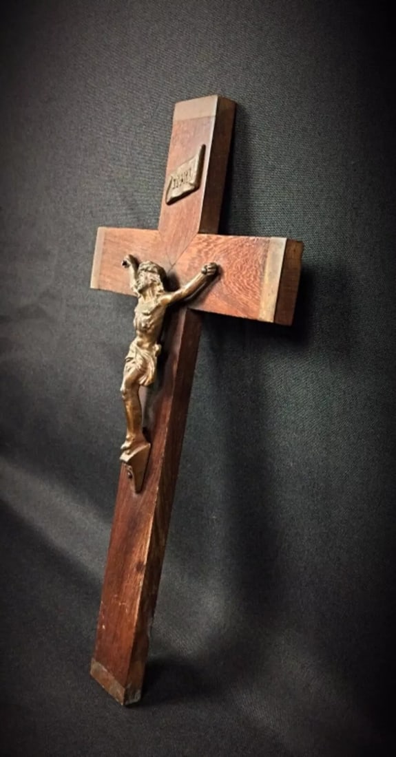 Antique Wall Crucifix in Wood and Regule – Esoteric Religious Art - 6