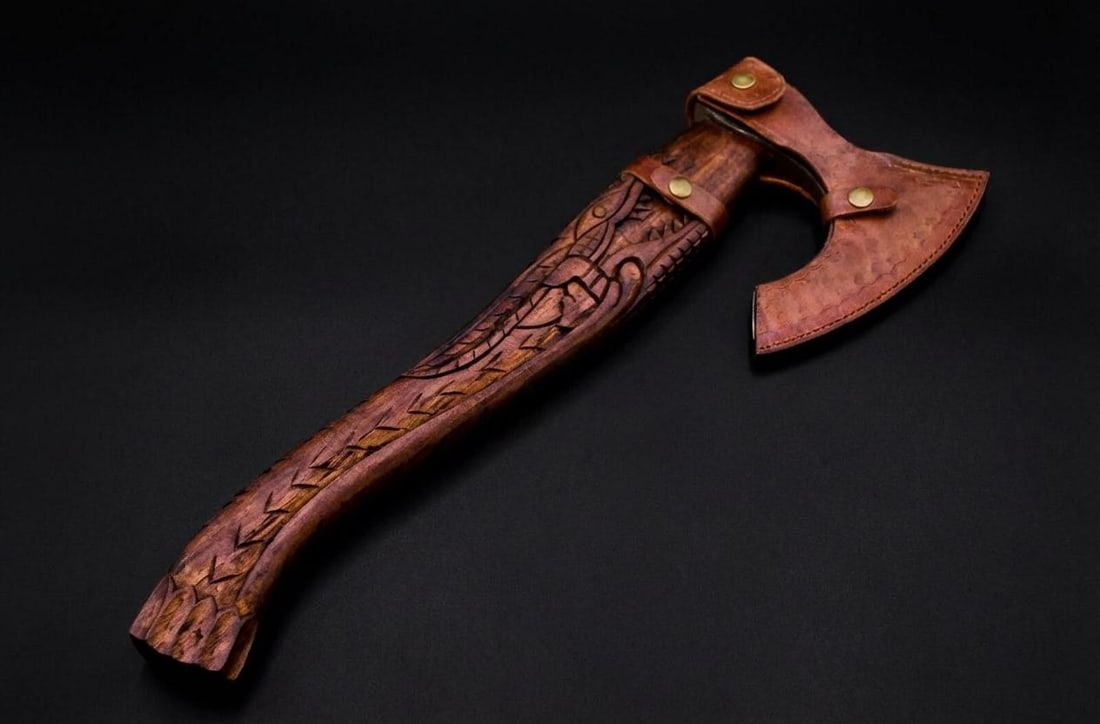 Handmade Carbon Steel Viking Axe Throwing Hatchet with Engraved Ash Wood Handle - 12