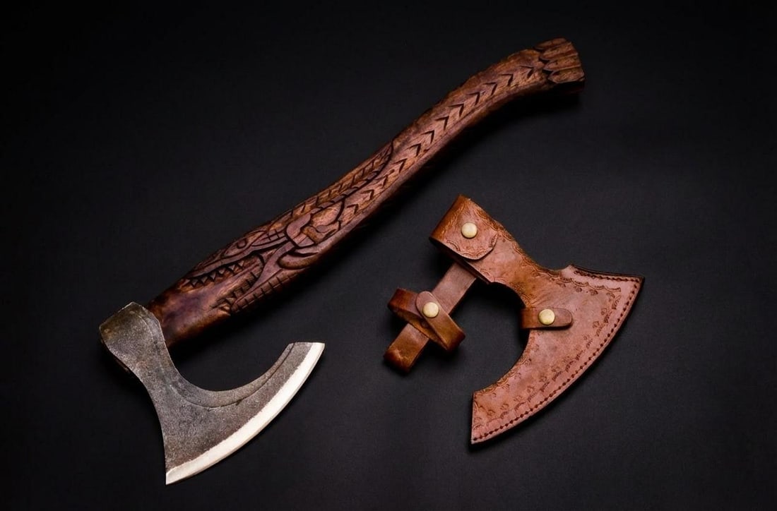 Handmade Carbon Steel Viking Axe Throwing Hatchet with Engraved Ash Wood Handle - 2