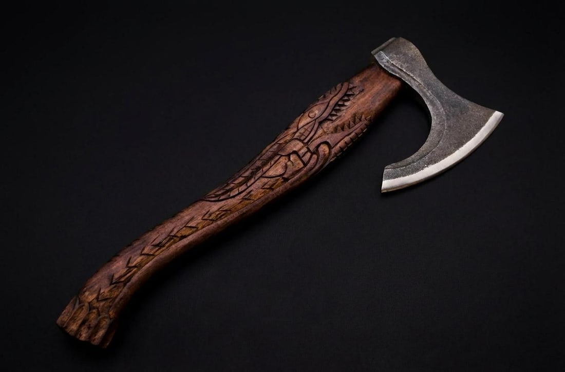 Handmade Carbon Steel Viking Axe Throwing Hatchet with Engraved Ash Wood Handle - 7