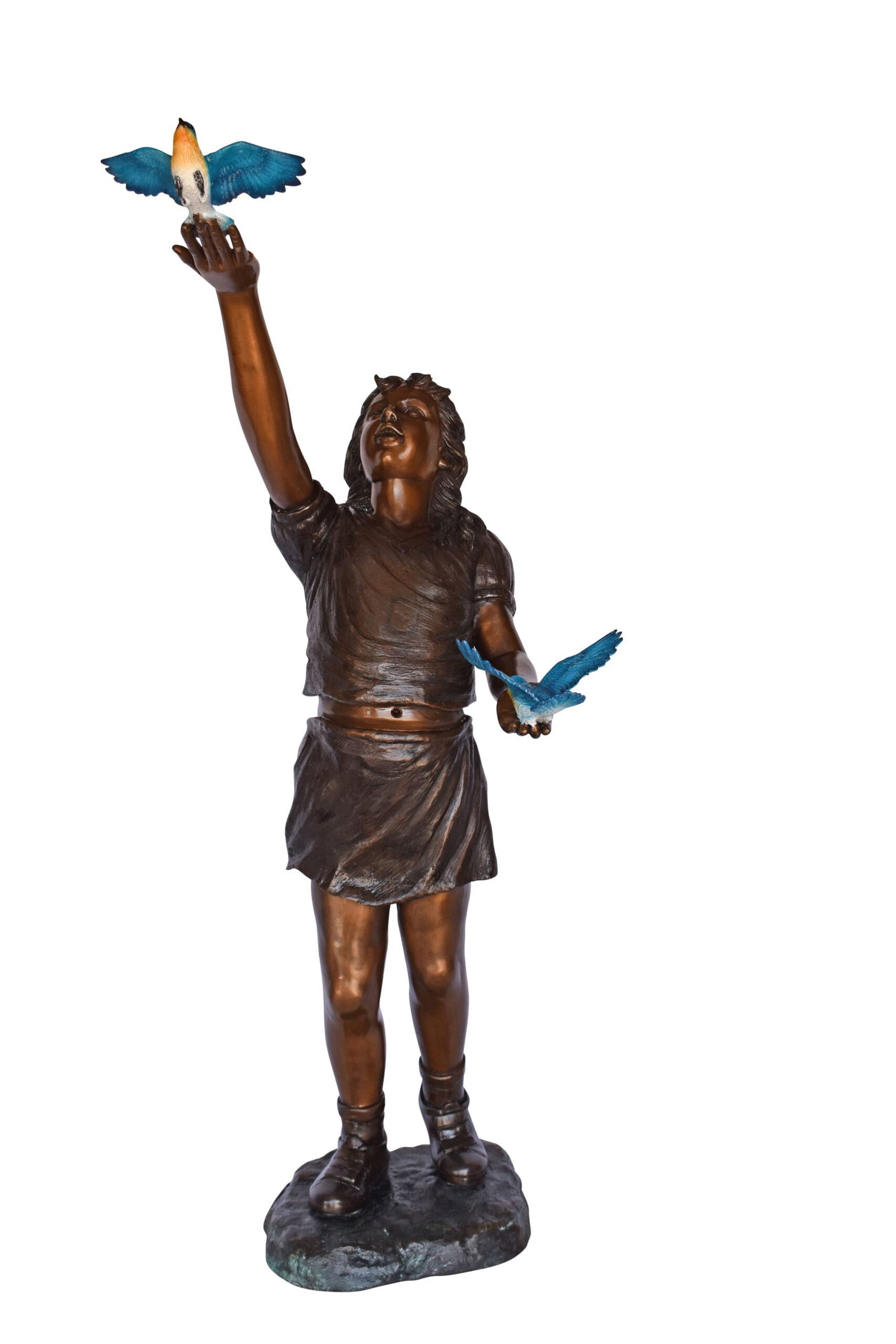 Girl, sandy, with two Blue birds Bronze Statue - Size: 25"L x 23"W x 41"H.: Title:Girl, sandy, with two Blue birds Bronze Statue - Size: 25"L x 23"W x 41"H. Description:This charming life size statue depicts Sandy, a little girl holding two little blue birds while setting the